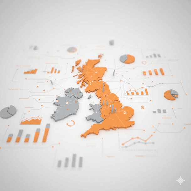 UK map with business analytics and growth statistics
